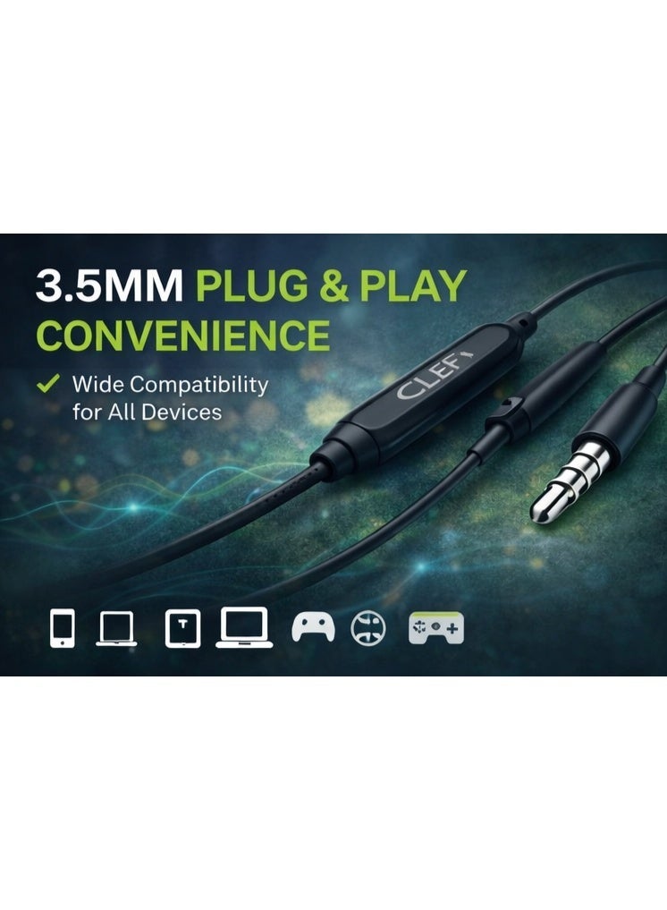 CLEF Wired Earphones with Microphone, High Fidelity Stereo Sound, 3.5mm Plug & Play, Semi In-Ear Design for Music & Calls – Black - Image 5